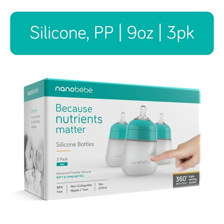 Nanobebe Anti-Colic Flexy Silicone Baby Bottles | Teal, 9 oz, 3 Pack