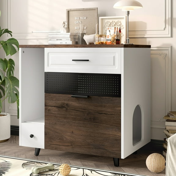Cat Litter Box Enclosure, Indoor Hidden Cat Litter Box Furniture with 2 Drawers and Door, Cat House End Table for Living room, White and Brown