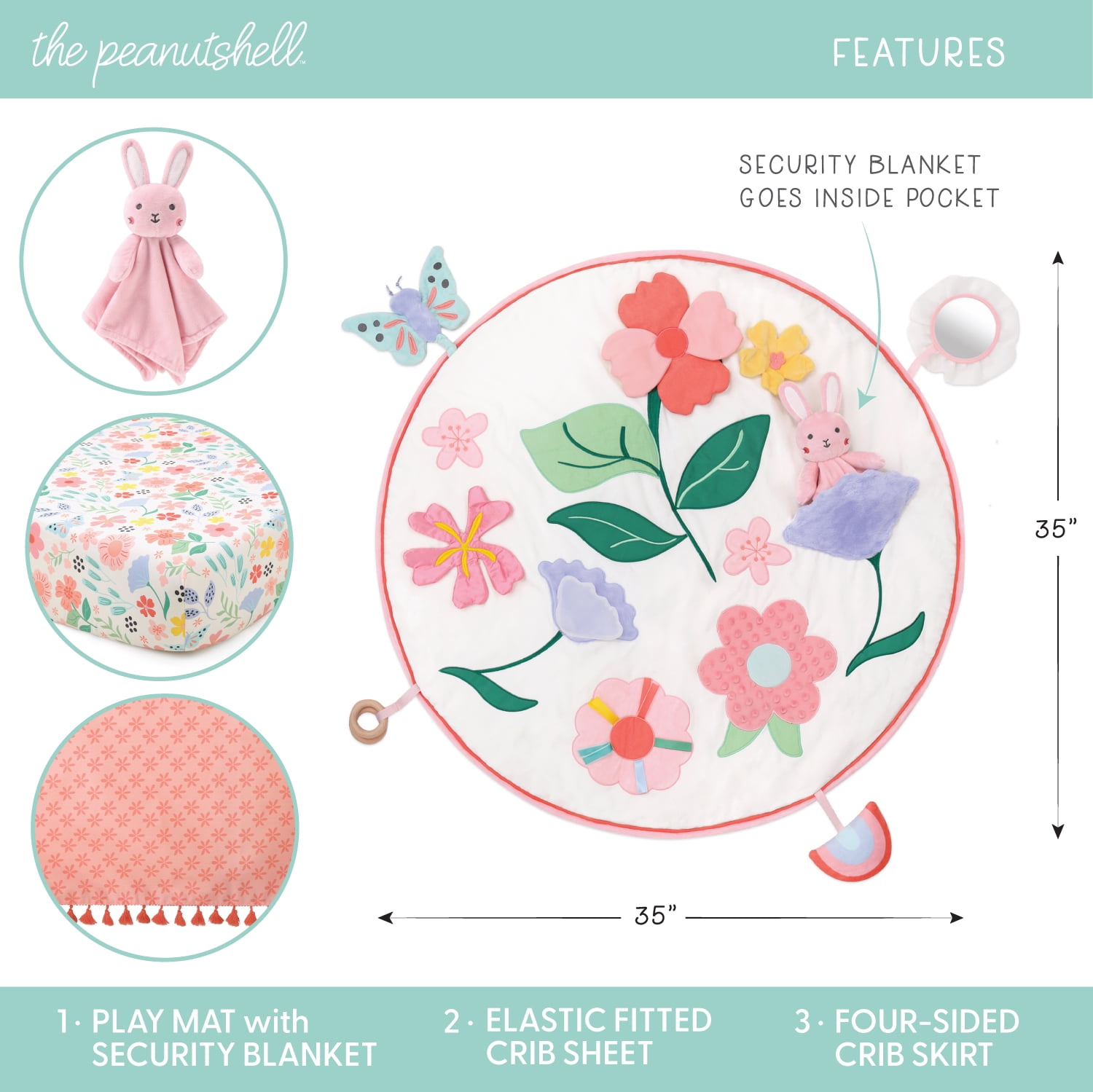 The Peanutshell Floral Baby Crib Bedding Set with Play Mat, Plush, Fitted Sheet & Crib Skirt