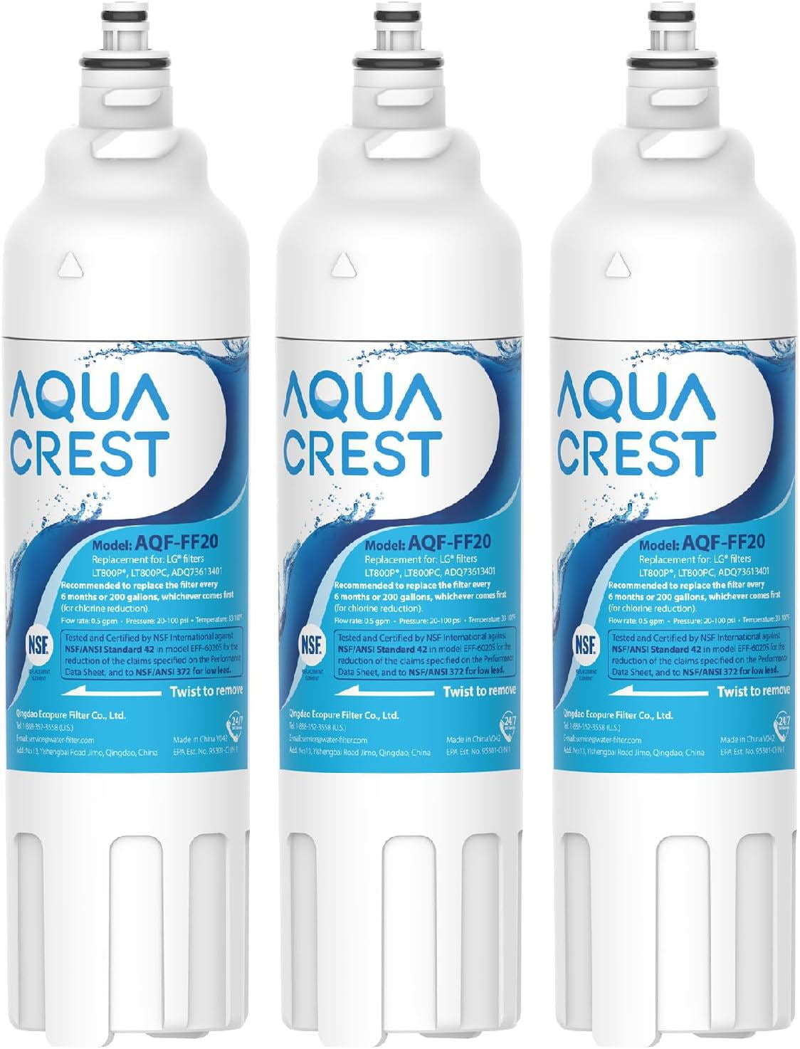 AQUA CREST Refrigerator Water Filter - Replacement For GE RPWFE & RPWF Models, NSF 42 & 372 Certified, Coconut Carbon Block