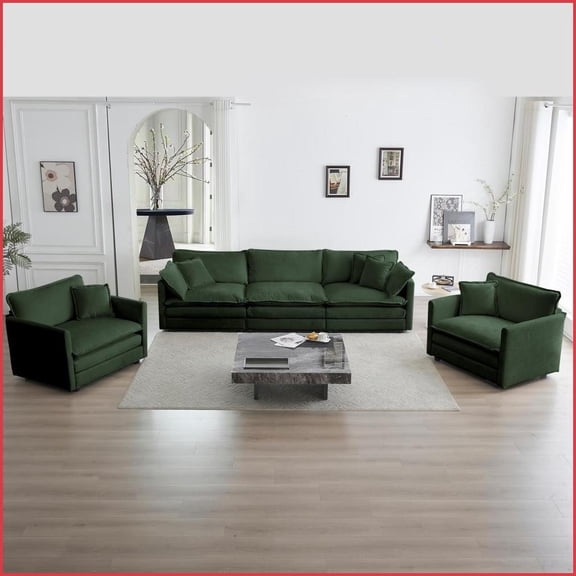 Modern Green Chenille 3-Piece Sofa Set – 2 Accent Chairs   3-Seater with Solid Wood Frame & Round Arms for Living Room | Green | Wood | Cushion Back