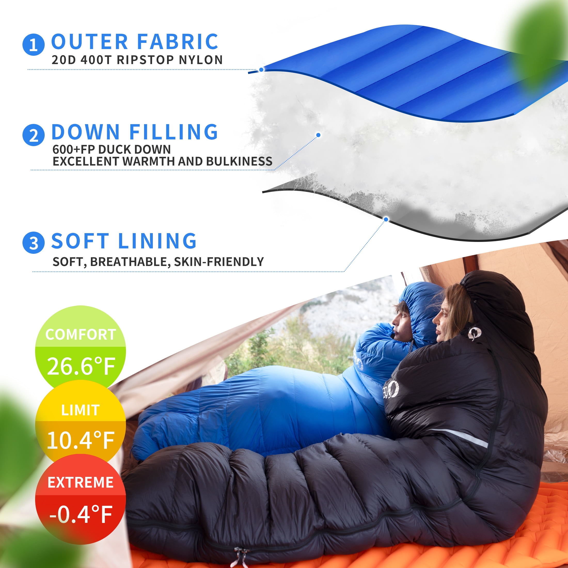 QEZER 0 Degree  Sleeping Bag,Ultra-light Winter Down Sleeping Bag for Adults And Kids Outdoor, Camping,Travel(Blue)