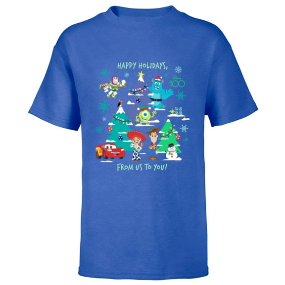 Disney 100 and Pixar Christmas Happy Holidays from Us to You - Short Sleeve T-Shirt for Kids - Customized-Royal