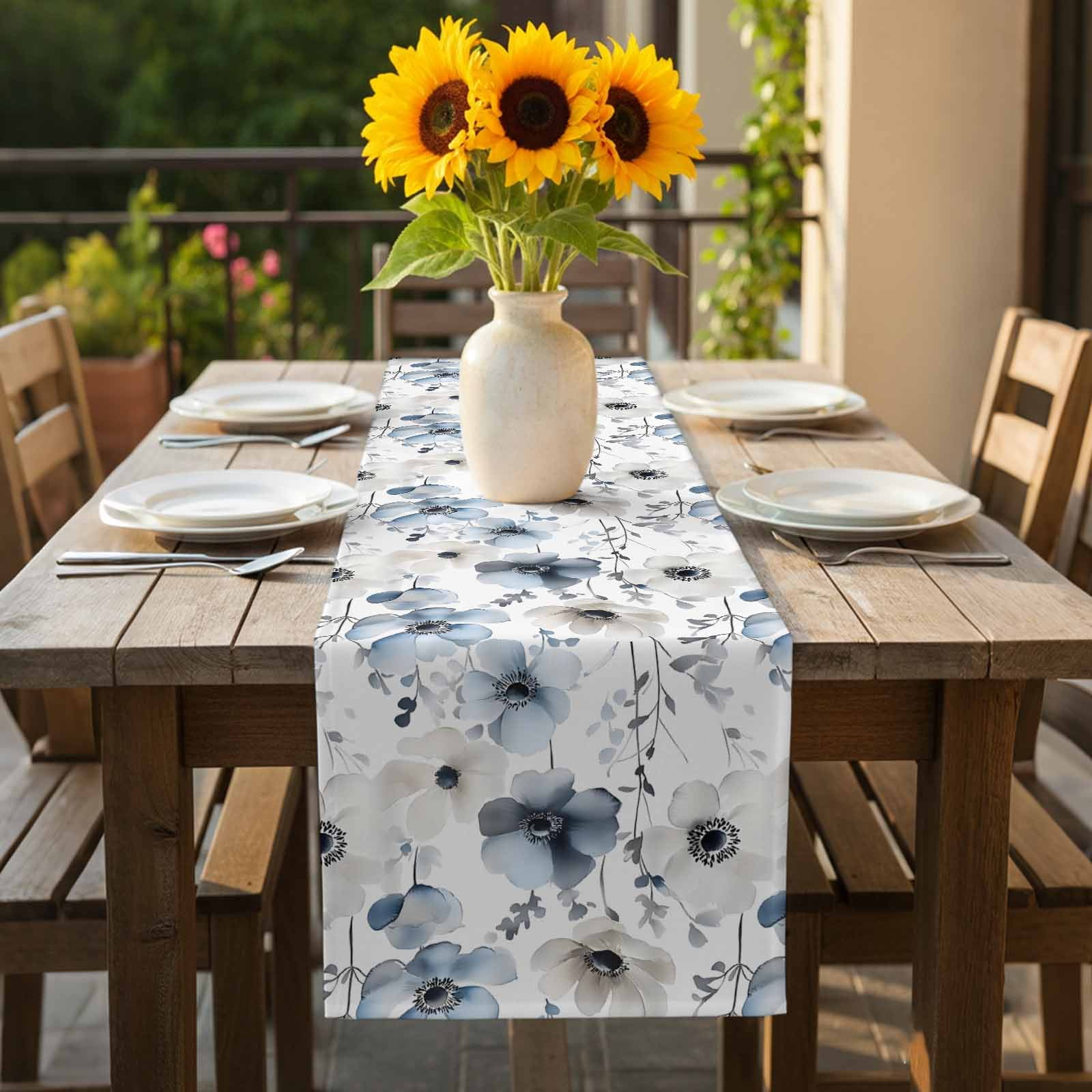 Spring Floral Cotton Linen Table Runner Watercolor Grey Blue Flower Grey Leaves Dining Table Runners for Home Decor Party Dining Room Restaurant Kitchen 13" x 108"