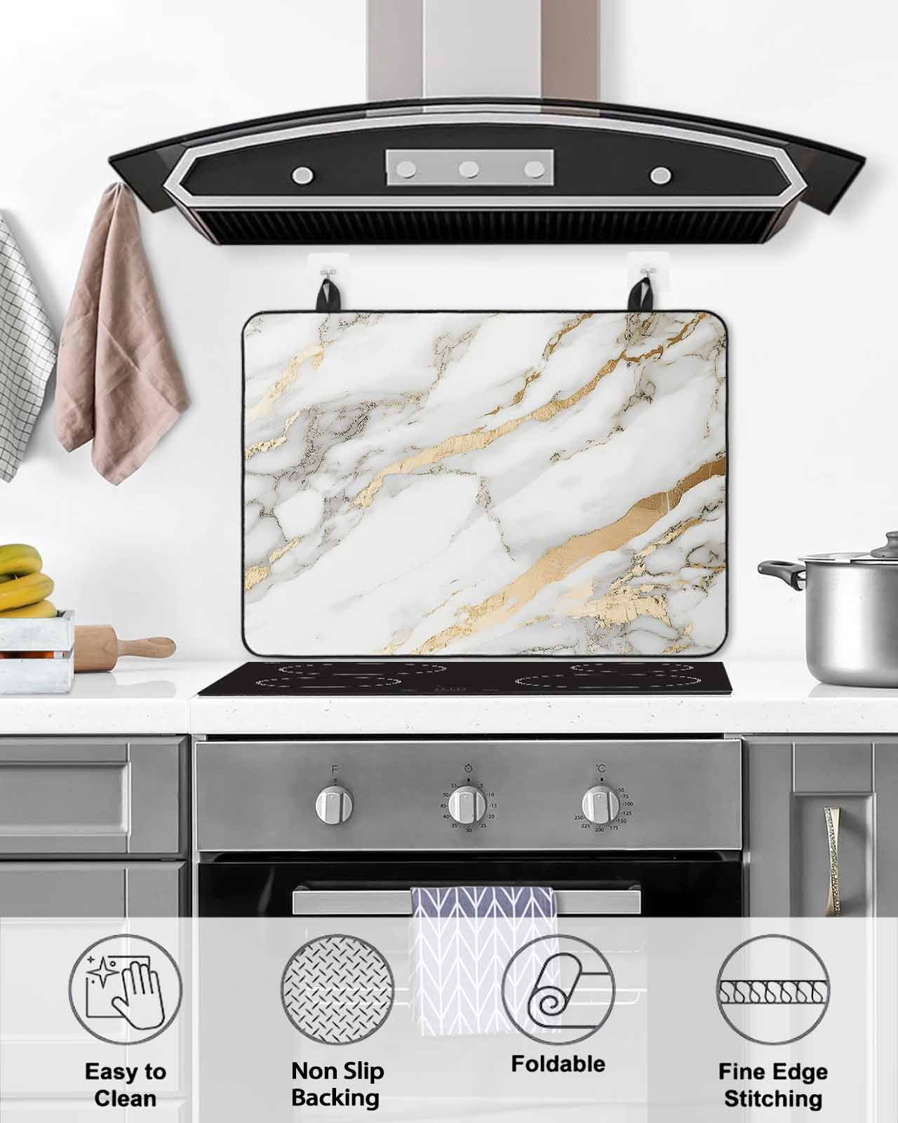 nqOlkjepod Large Induction Cooktop Protector Mat 36"x21", Marble White Stove Top Covers for Electric Stove, Abstract Yellow Crack Artwork Decorative Stove Burner Cover Mats, Glass Top Stove Cover