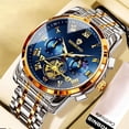 thumbnail image 1 of Reloj de Cuarzo para Hombre de Negocios, Esfera Azul Tono Dorado, Correa de Acero Inoxidable, Reloj de Pulsera Cronógrafo Impermeable con Fecha, 1 of 9