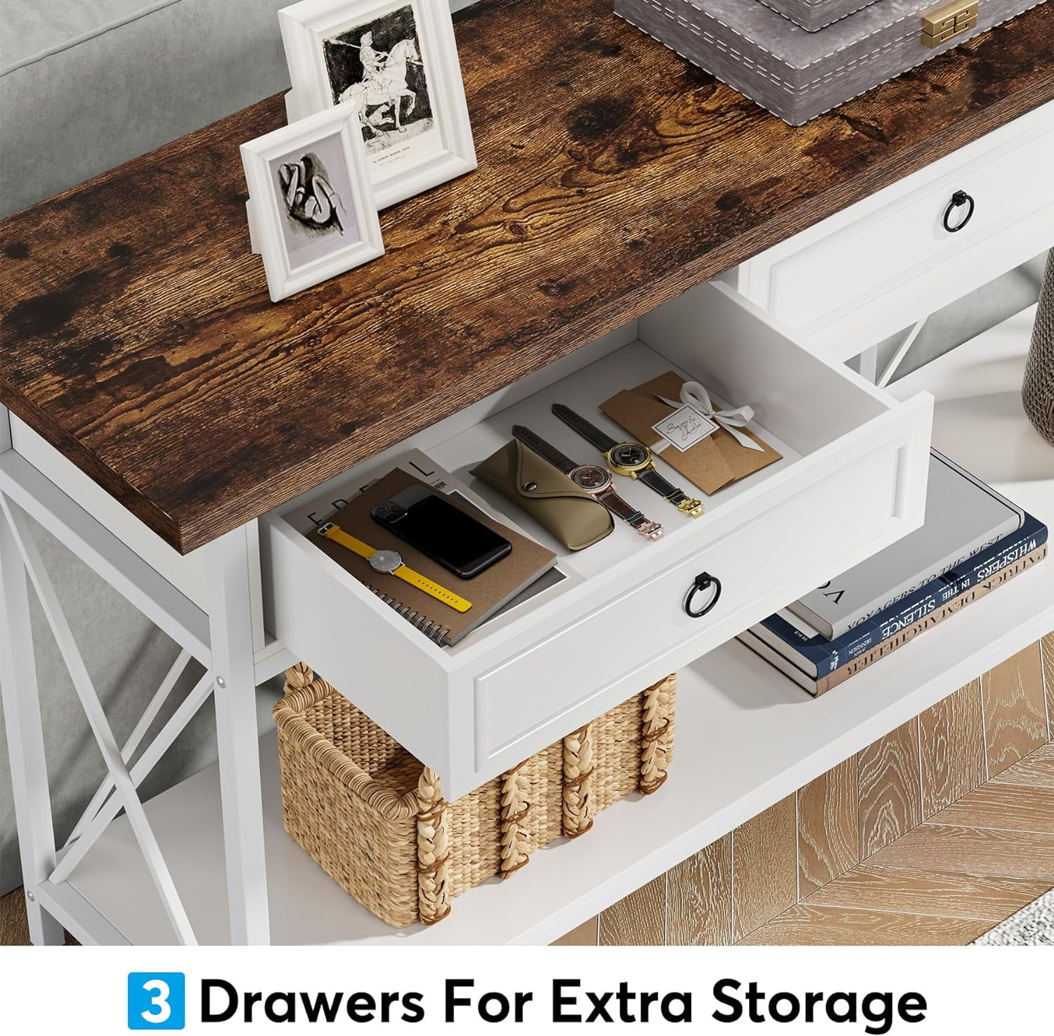 Tribesigns 70.8" Console Table with 3 Drawers, Farmhouse Entryway Table with Storage Shelf for Entryway, Hallway (White/Brown)