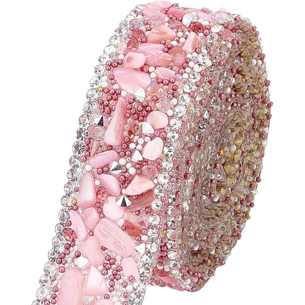 Cinta de pedrería de 1 m/1,1 yardas, cinta termoadhesiva rosa de 0,6 pulgadas, adorno de piedras preciosas artificiales, cinta termoadhesiva brillante, botones planos de metal