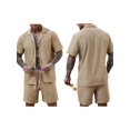 thumbnail image 3 of Men'S Camp Collar Jacquard Button Up Shirt and Drawstring Shorts Two Piece Outfit Khaki L, 3 of 8