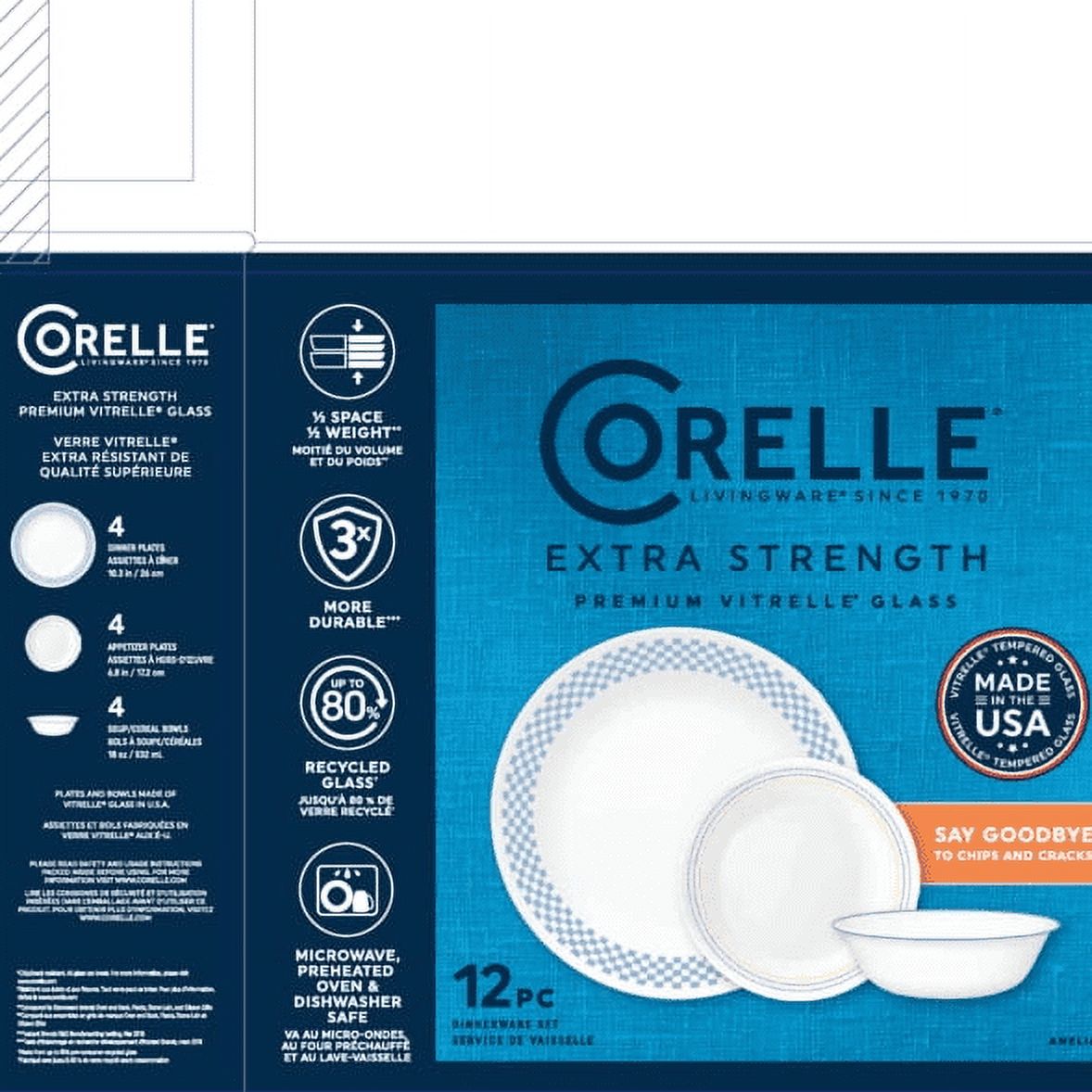 Corelle Amelia 12-Piece Glass Dinnerware Set, Blue Gingham photo 7