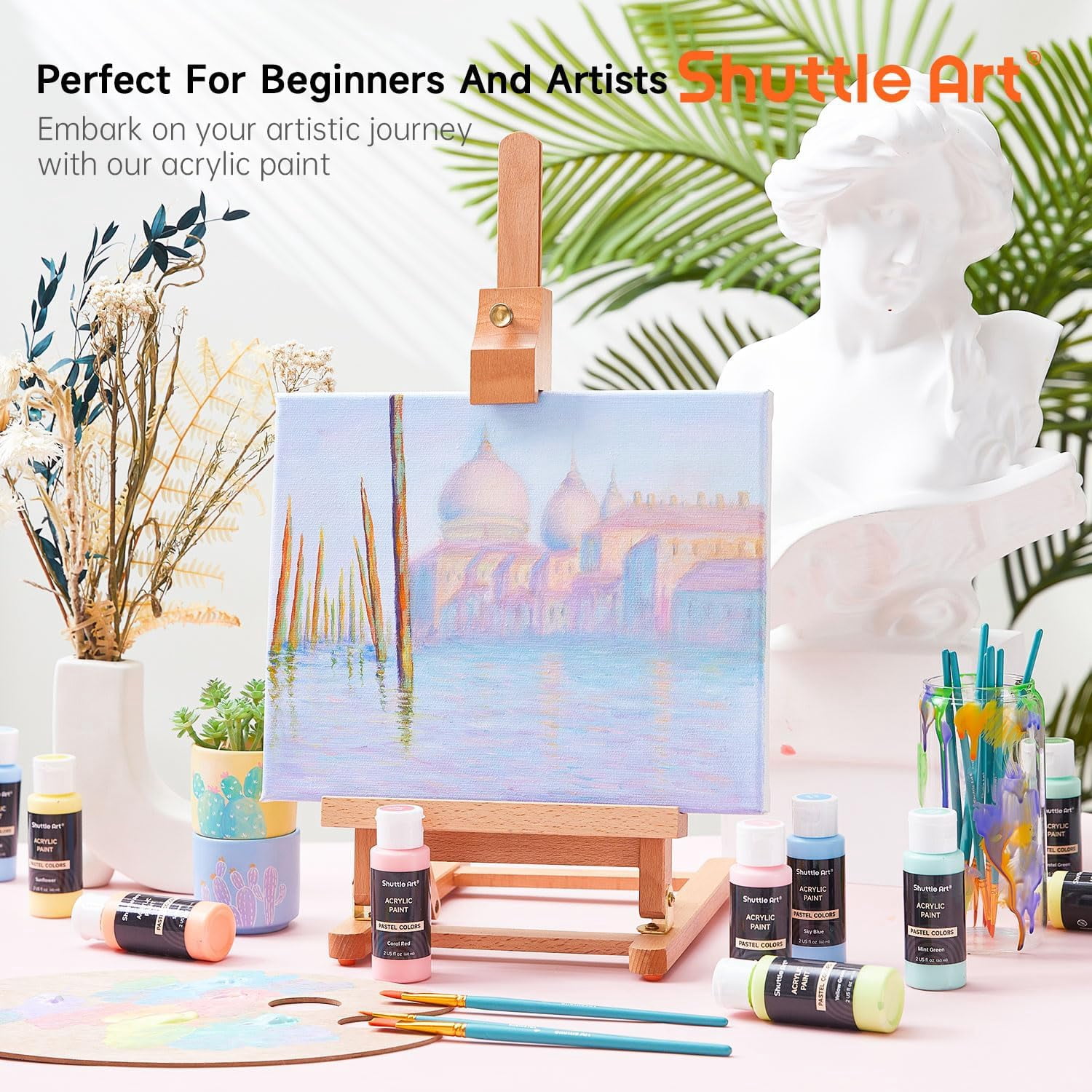 Shuttle Art 40 Pack Pastel Acrylic Paint Set, 30 Colors, 60ml/2oz Bottles, High Viscosity, Water-proof Paint With 10 Paint Brushes for Painting &Crafting
