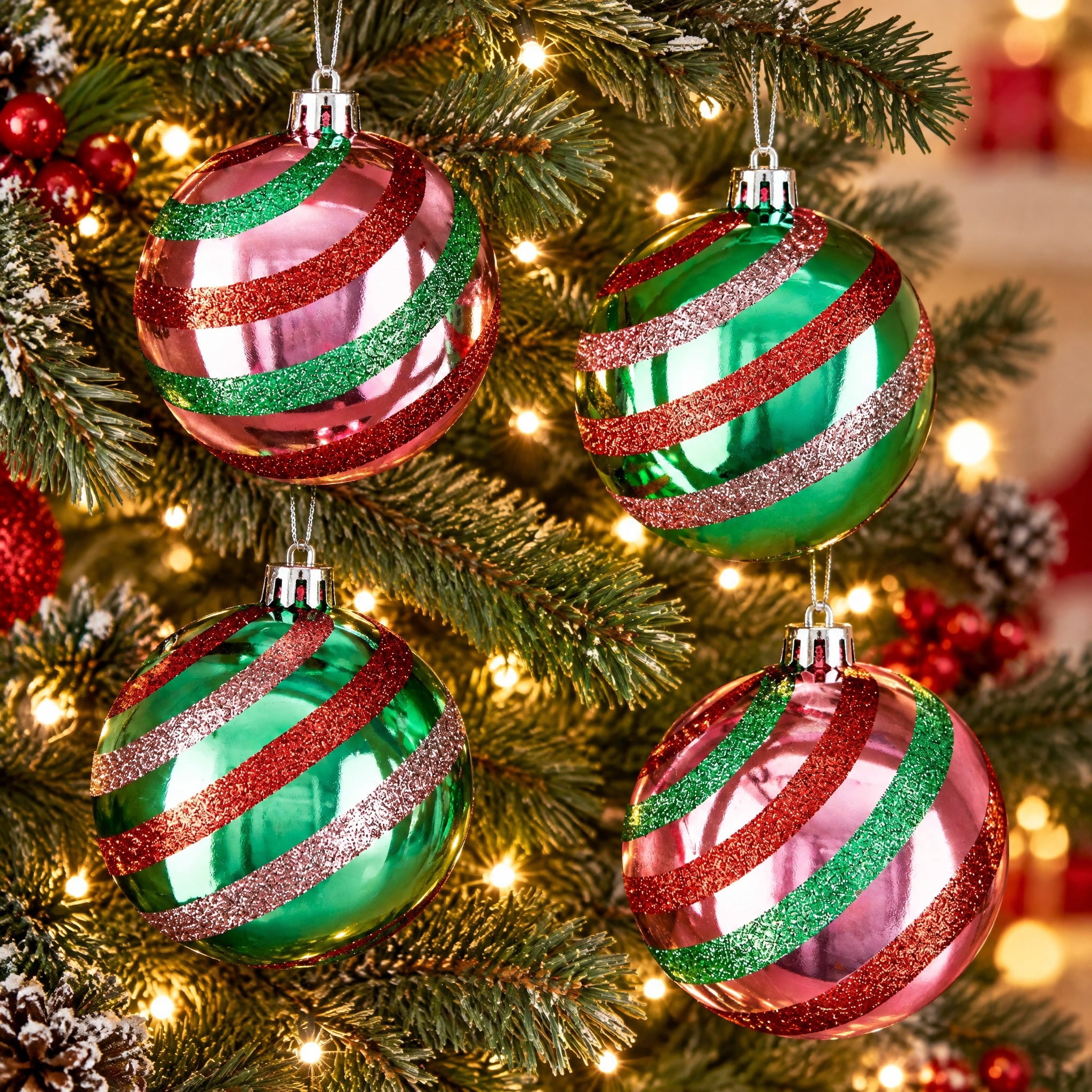 4-Count Metallic Pink and Green Glitter Stripes Ball Shatterproof Christmas Ornaments, 4.5", by Holiday Time