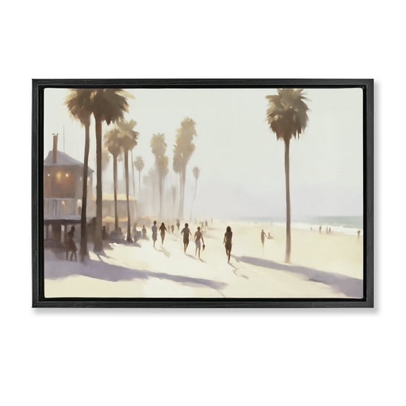 Stupell Industries Running on Tropical Beach Landscape & Nature Painting Black Floater Framed Canvas Art Print Wall Art, 25 x 17