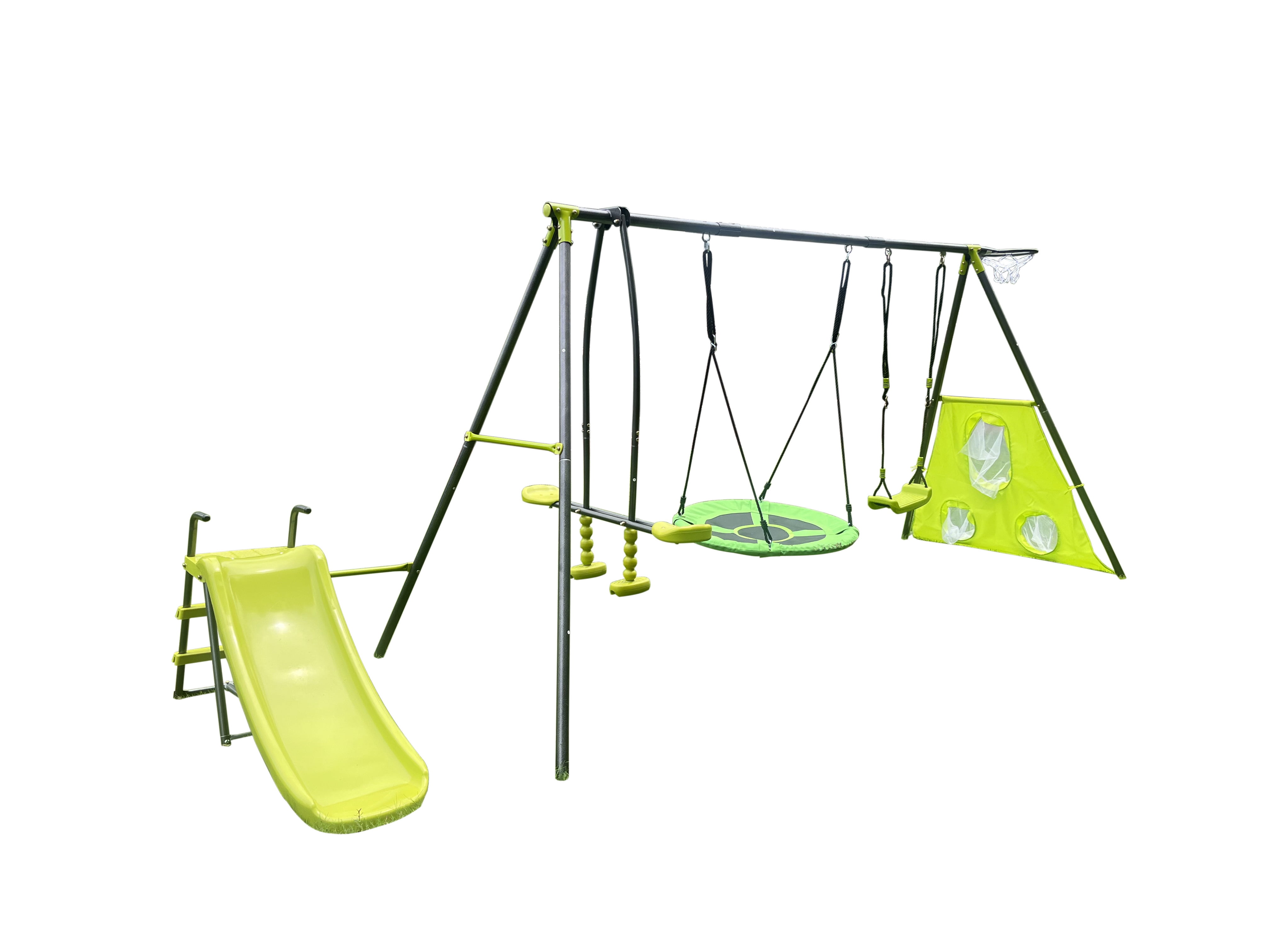 5 in 1 Outdoor Metal Swing Set with Seesaw Swing, Playground Swing Sets with Heavy-Duty A-Frame Metal Outdoor Stand, Swing Slide Playset for Kids with Basketball Hoop