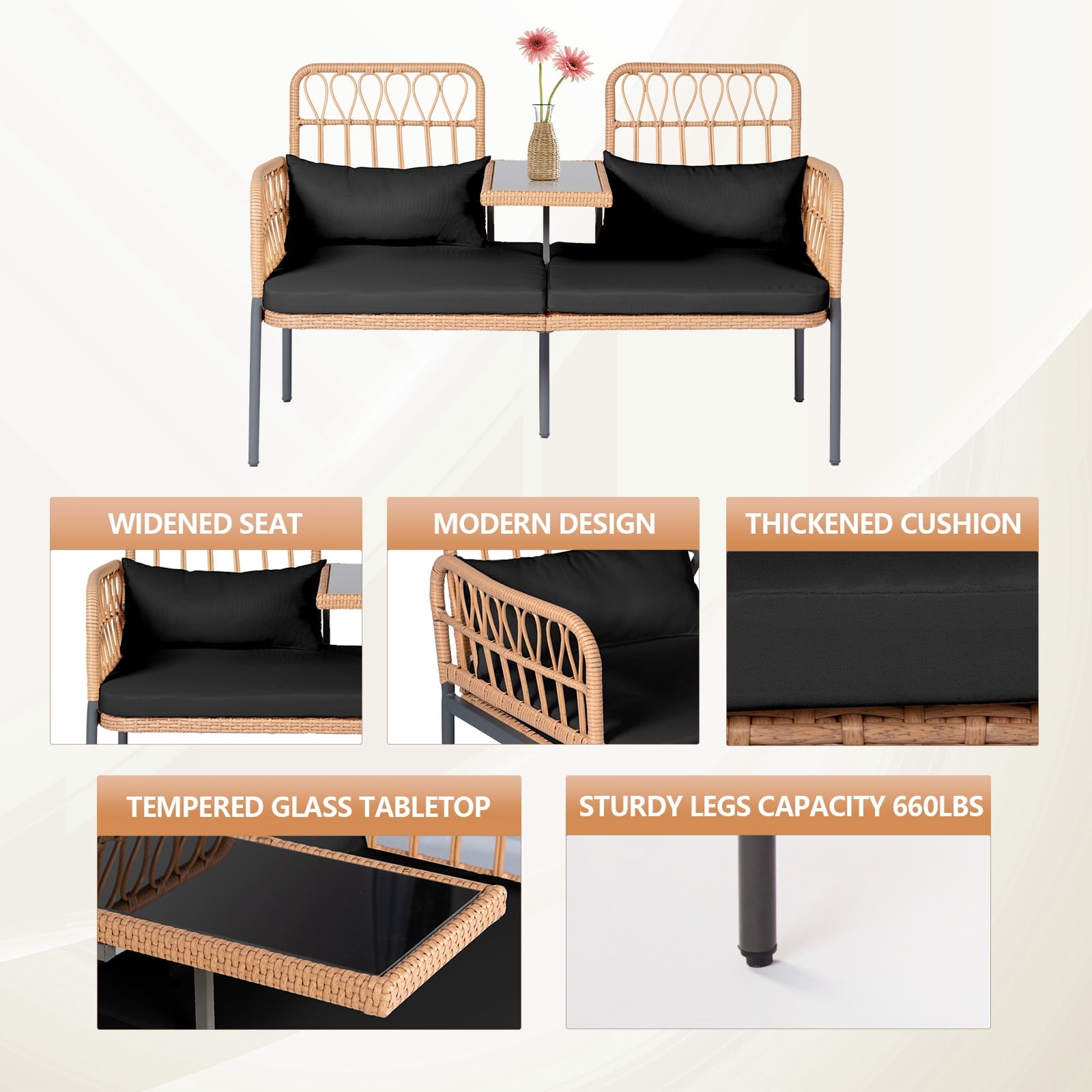 Tappio Outdoor Rattan Loveseat, Patio Rattan Conversation Set Seat Sofa Cushioned Loveseat Table Chairs with Built-in Coffee Table, Black