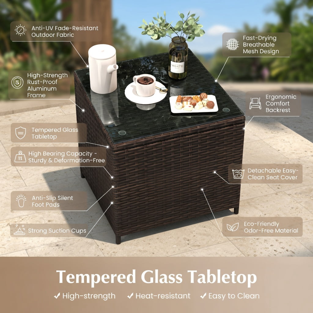 Hommoo 3-Piece Outdoor Wicker Conversation Set, Cushioned Patio Chairs + Tempered Glass Square Coffee Table, PE Rattan, Heavy-Duty Metal Frame, Brown