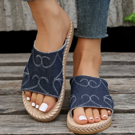 

SUODUI Women s Slippers Ladies Fashion Summer Denim Open Toe Flat Straw Plaited Casual Slippers Blue 8