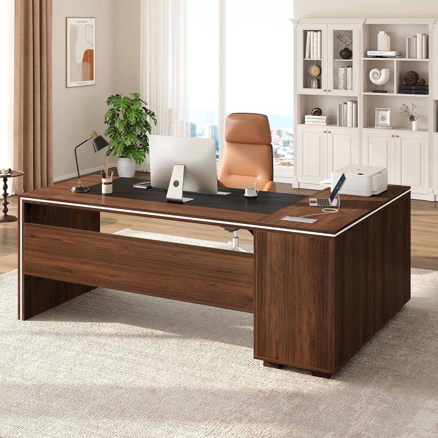 Vividwood L-Shaped Executive Desk with Cabinet Storage, 71" Office Computer Desk with Storage Shelves, CPU Stand, Cable Management (Brown)