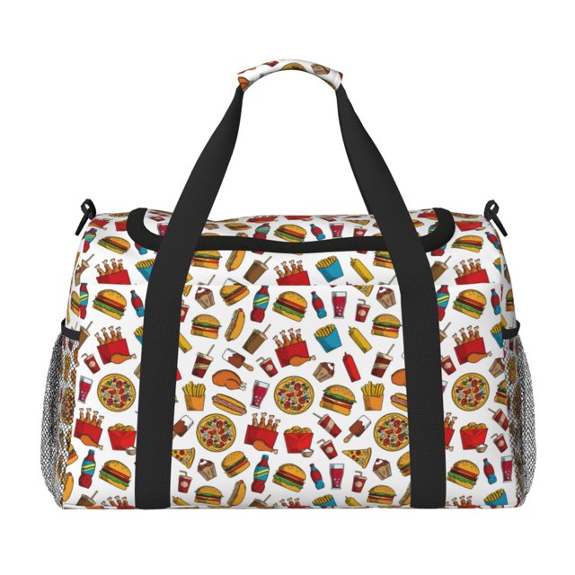 Fotbe Hot Dog Pizza Bolsa de Viaje con Estampado, Bolsa de Fin de Semana para Mujer con Compartimento para Zapatos, Bolsa de Gimnasio con Bolsillo Húmedo