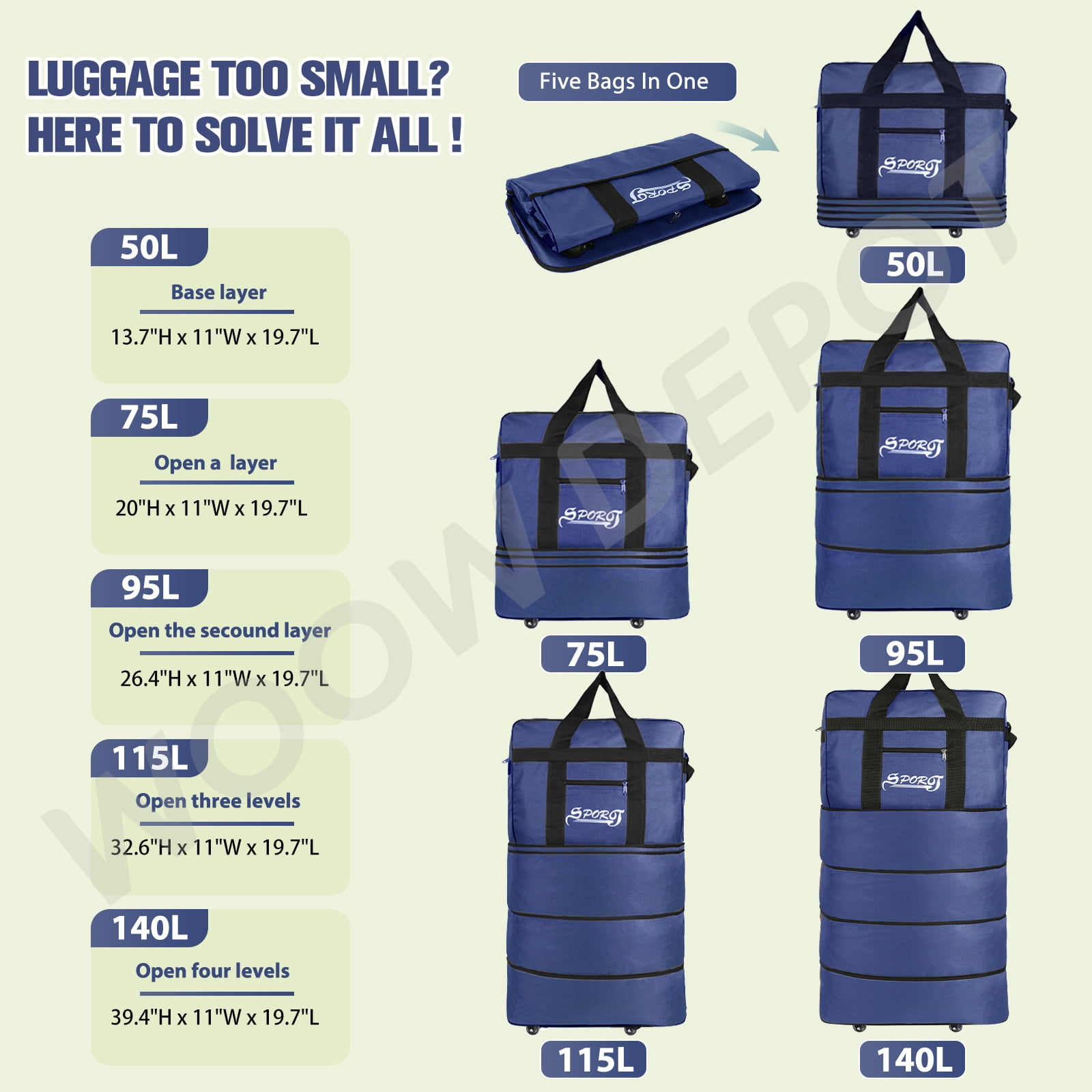WOOW DEPOT 40in Expandable Suitcase Bag 4 Layer Collapsible Rolling Luggage Wheeled Duffle Bag Large for Home Storage Cargo Travel Business Moving