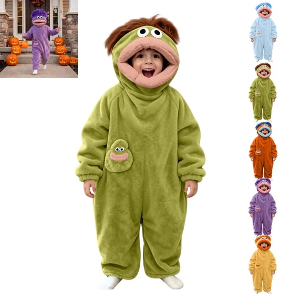 Halloween Themed Silly Goofy Onesie for Kids- Frog Onesie Funny Monster Pajamas Fleece Jumpsuit Hooded Cozy Plush Loungewear with Comb and shoe cover(No Shoes Included) Green 9-10 Years