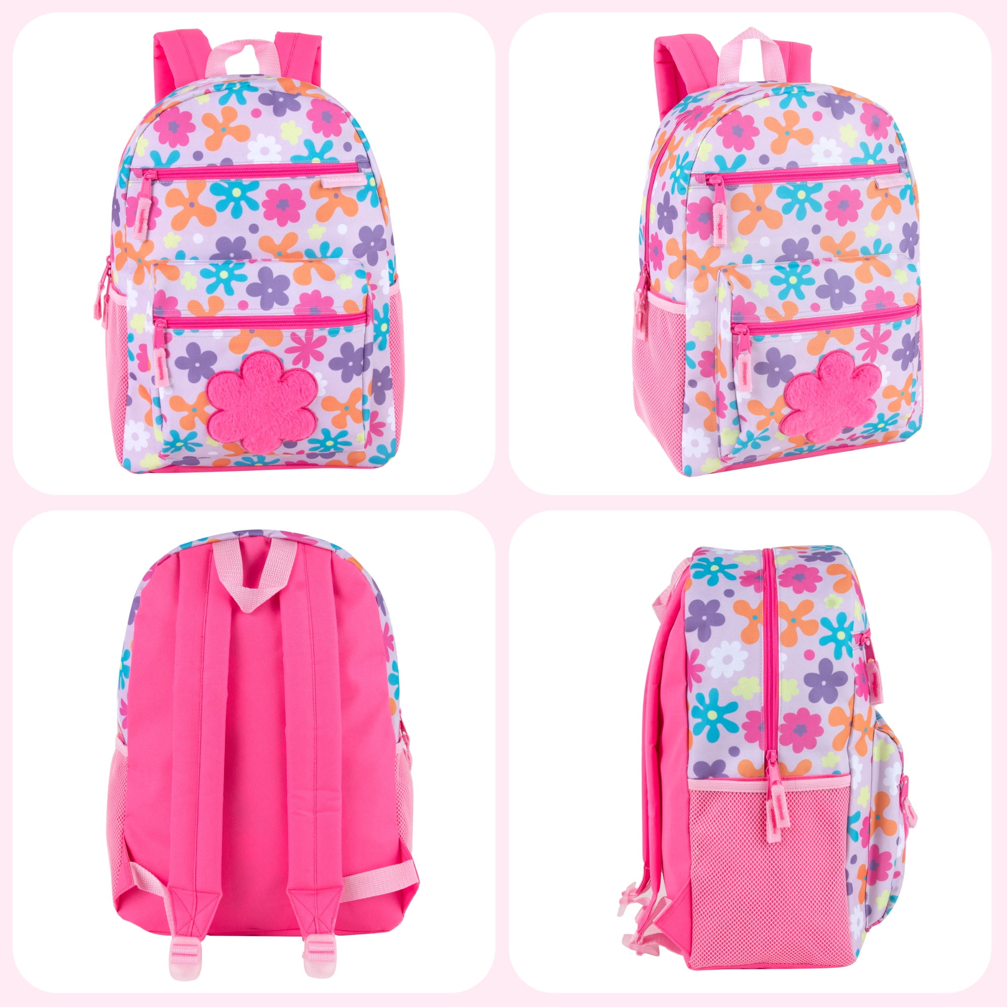 Girls 17 Inch Multipocket Printed Pocket Backpack for School, Camp, Travel, Commuting and Recreation with Plush Applique in Plush Floral Frenzy