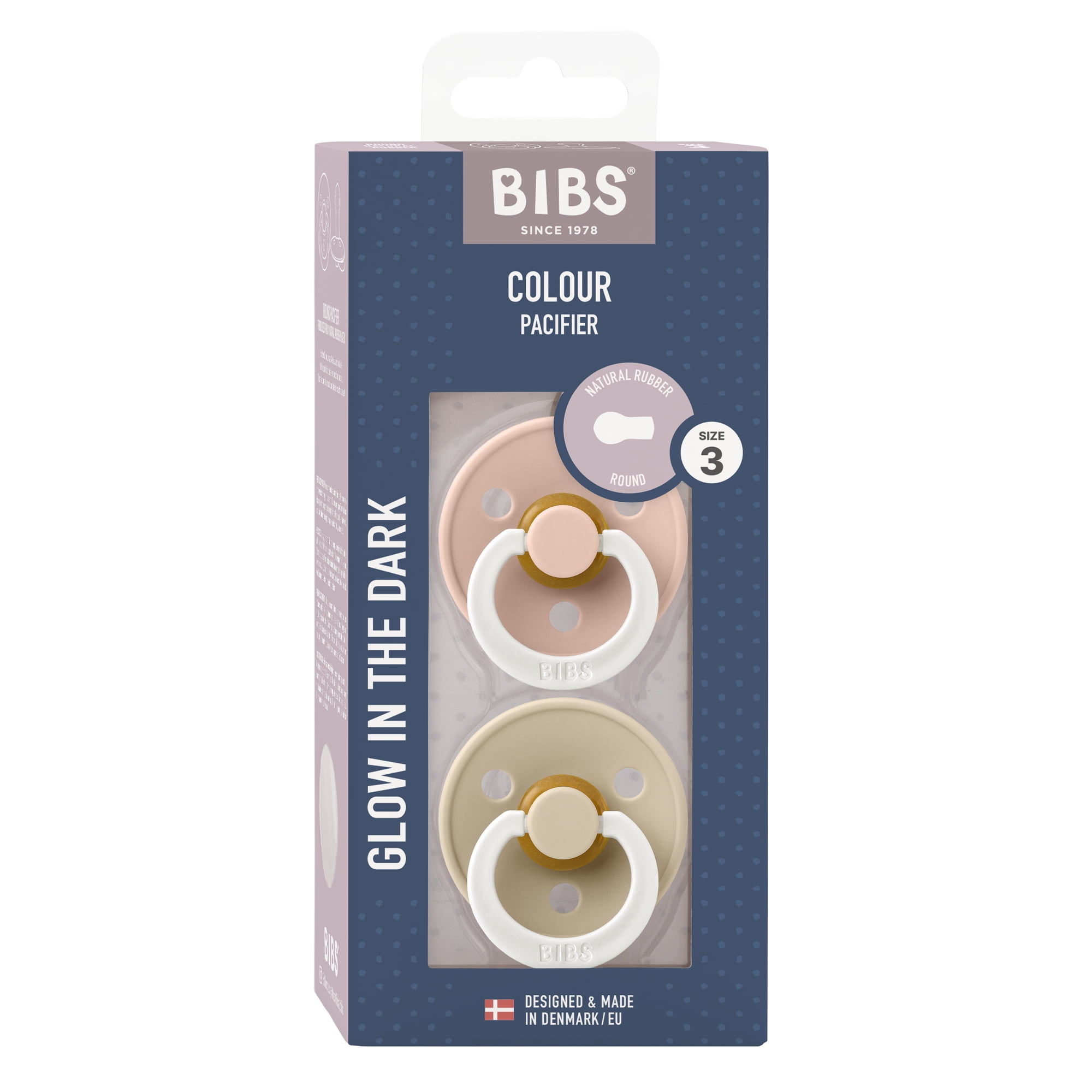 BIBS Colour Glow in the Dark Latex Pacifier Size 3, 18+ months, Blush/Vanilla, 2 PACK