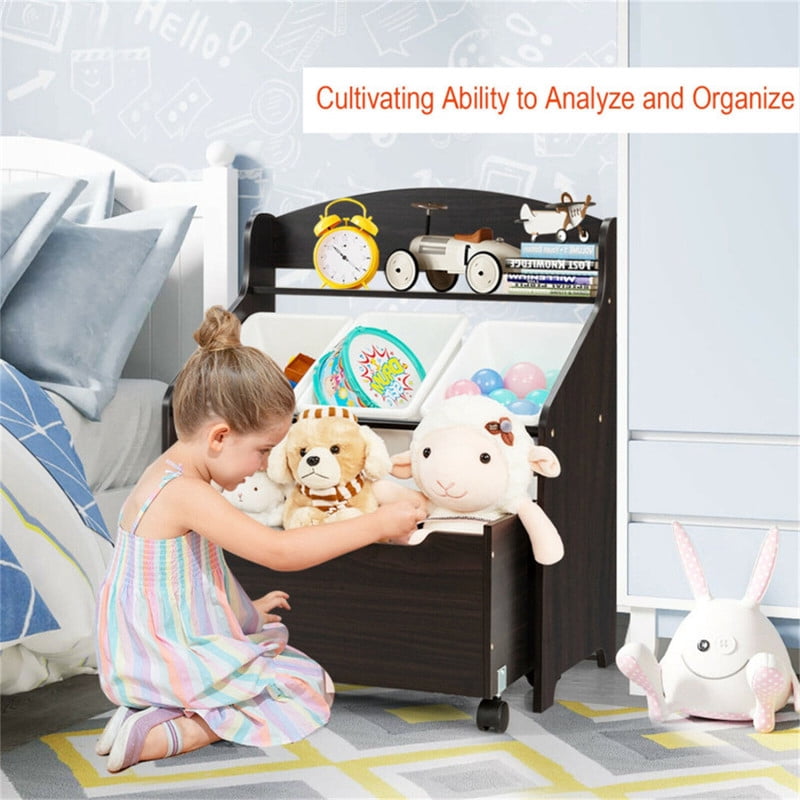 Gundir Kids Toy Storage Organizer with Large Capacity Rolling Toy Box and 3 Removable Bins, Cabinet with Shelf, Easy-Move Lockable Casters, for Playroom Bedroom,Brown, 25"L x 15"W x 30"H