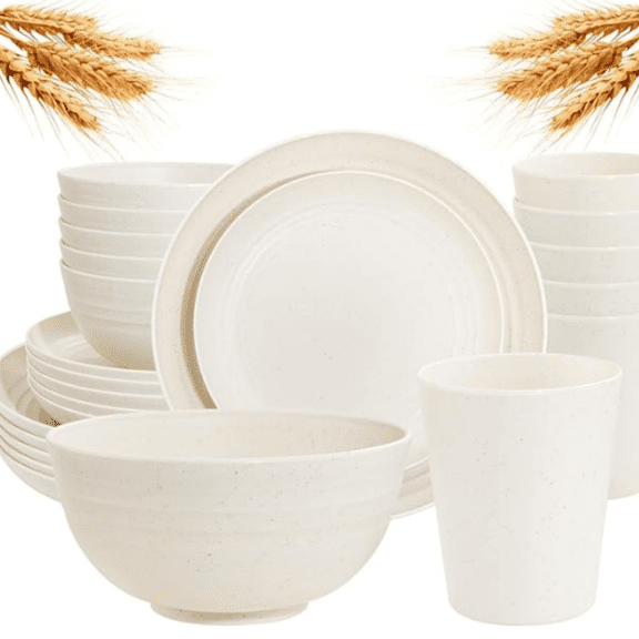 24 Pcs Wheat Straw Dinnerware Sets, Unbreakable Reusable Plastic Wheat Straw Bowls & Plates Dinner Set, Microwave And Dishwasher Safe Plates, 12Plates, 6Bowls, 6Cups for Party(Beige),New Year