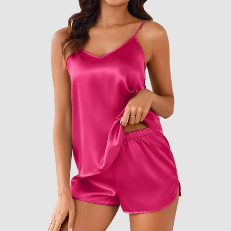 JIANJIA Womens Pajama Sets Solid Color Silk Satin V Neck Spaghetti Strap Sexy Camisole Tops With Shorts Two Piece Sleepwear Daily-Wear