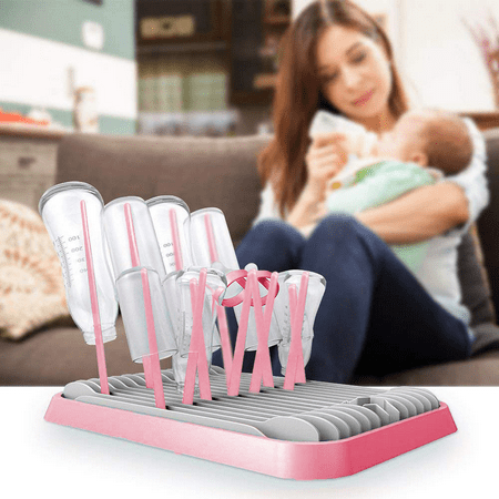 Dinosam Baby Bottle Drying Rack, Large Bottle Organizer Storage Holder Space Saving Dryer for Baby Cleaning Kit Accessories, Pink