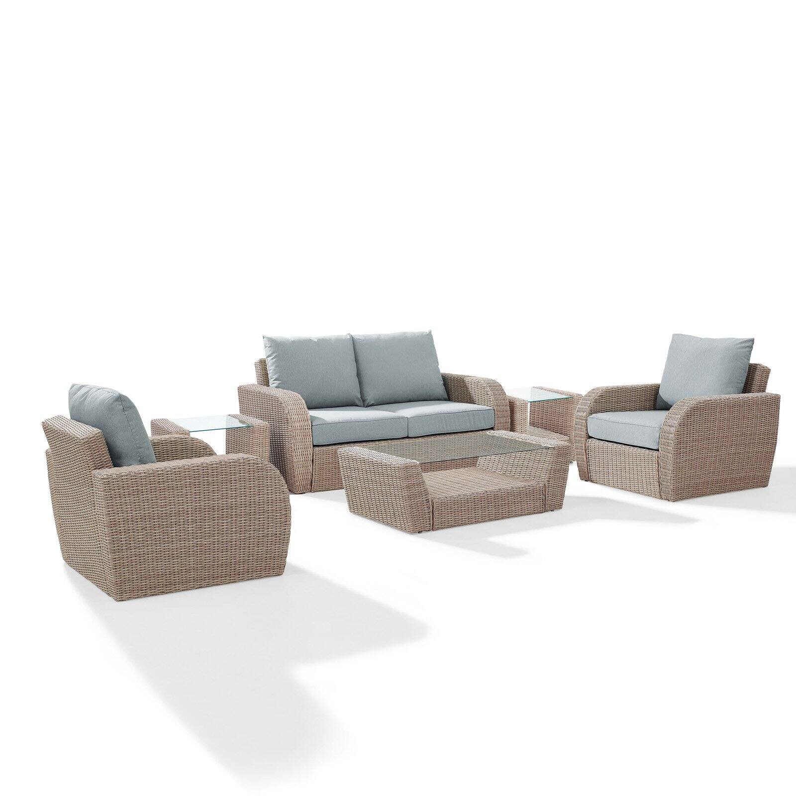 Crosley Furniture St Augustine 6 Pc Outdoor Wicker Seating Set With Mist Cushion - Loveseat, Two Chairs, Two Side Tables, Coffee Table - image 4 of 11