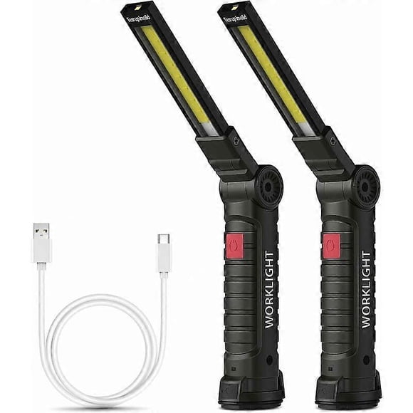 Powerful Rechargeable Work Lights, 2 Pack Large Led Worklight Flashlights With 360 Degree Rotate And Magnetic Base, 5 Modes Portable Flood Light For