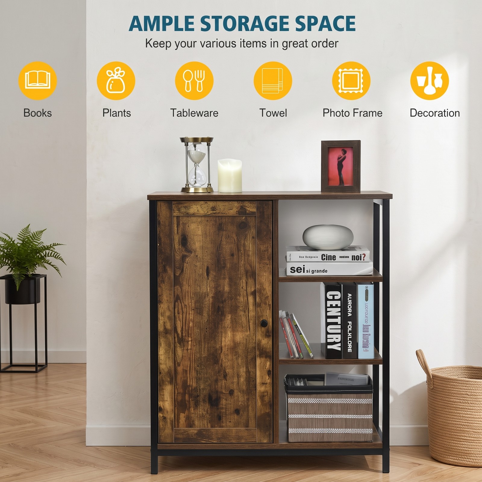 Furnibear Multipurpose Freestanding Storage Cabinet with 3 Open Shelves and 2 Doors, Industrial Wood Metal Accent Storage Cabinet for Living Room, Rustic Brown Black
