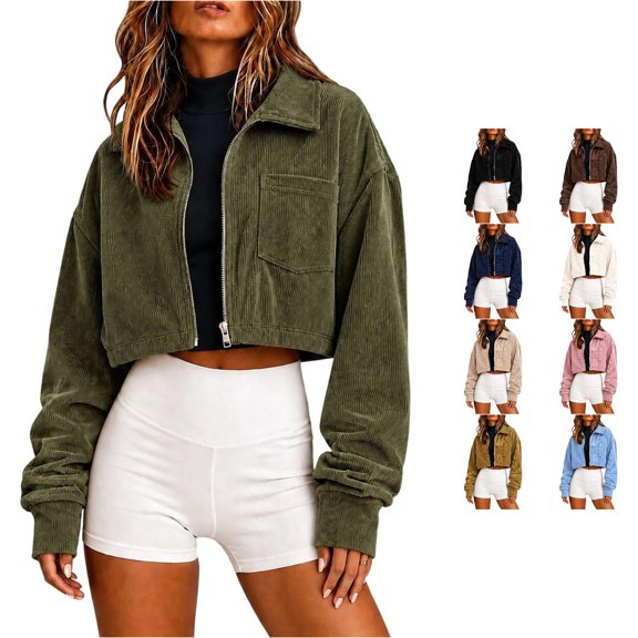 XIAONU Corduroy Turn-Down Collar Zip Bomber Jacket For Women Cropped Oversized Pocket Street Coat