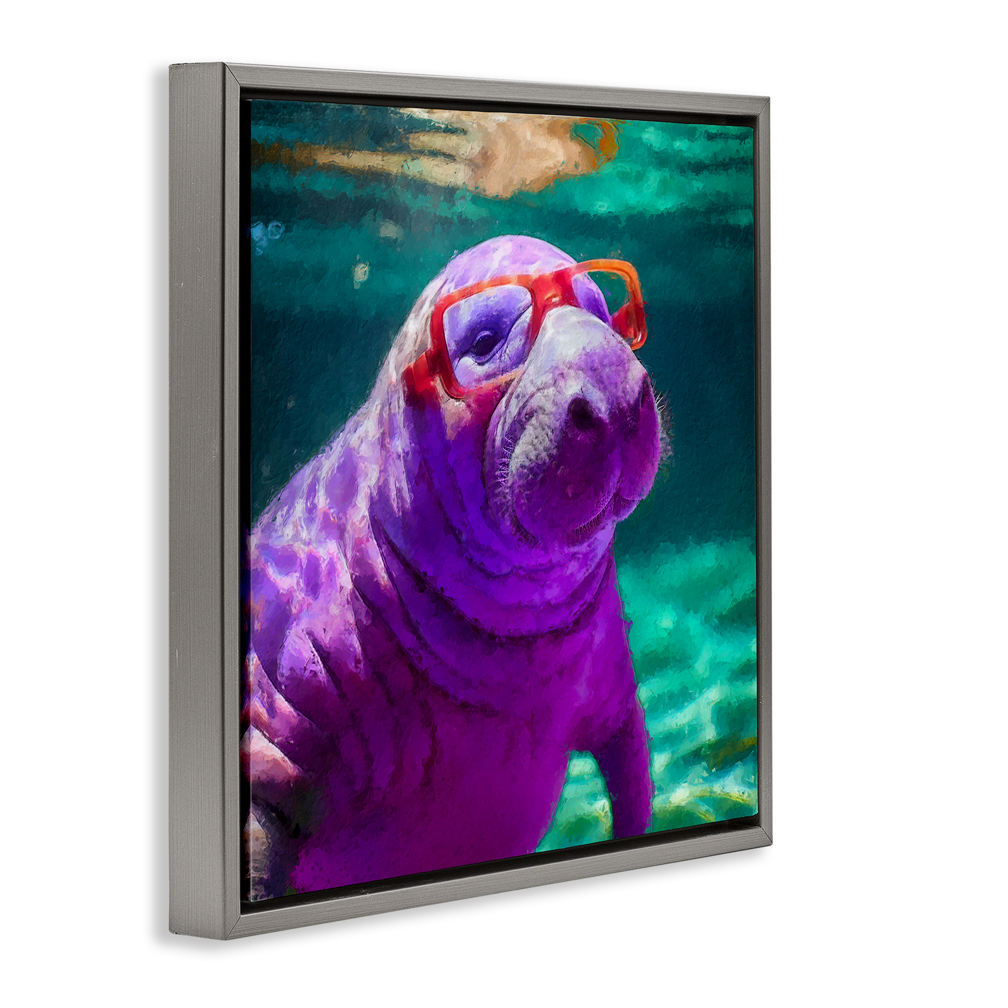 Stupell Industries Manatee with Glasses Animals & Insects Painting Gray Floater Framed Canvas Art Print Wall Art, 25 x 25