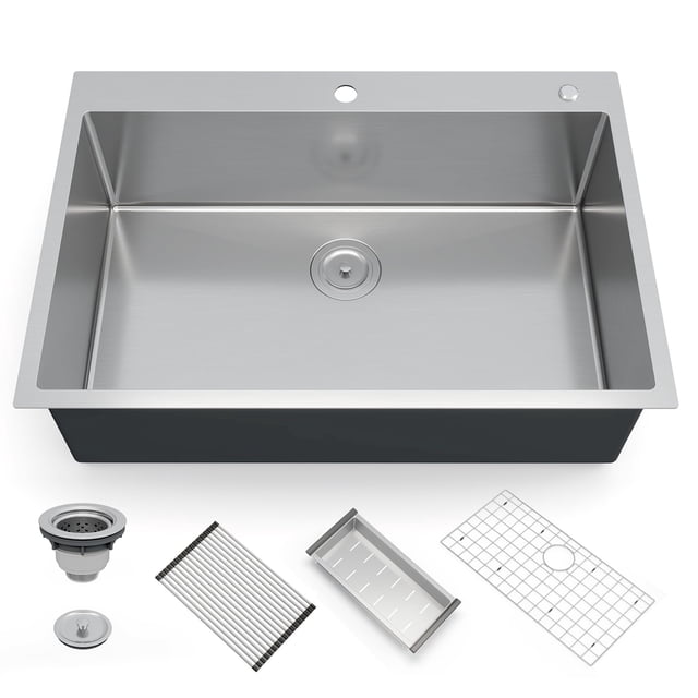 QinaQin 304 Stainless Steel Built-In Kitchen Sink, 1.35 Mm Thick, Hand-Welded, Brushed Finish. Comes with a Bamboo Cutting Board, Drain Rack, Drain Pan, and Base