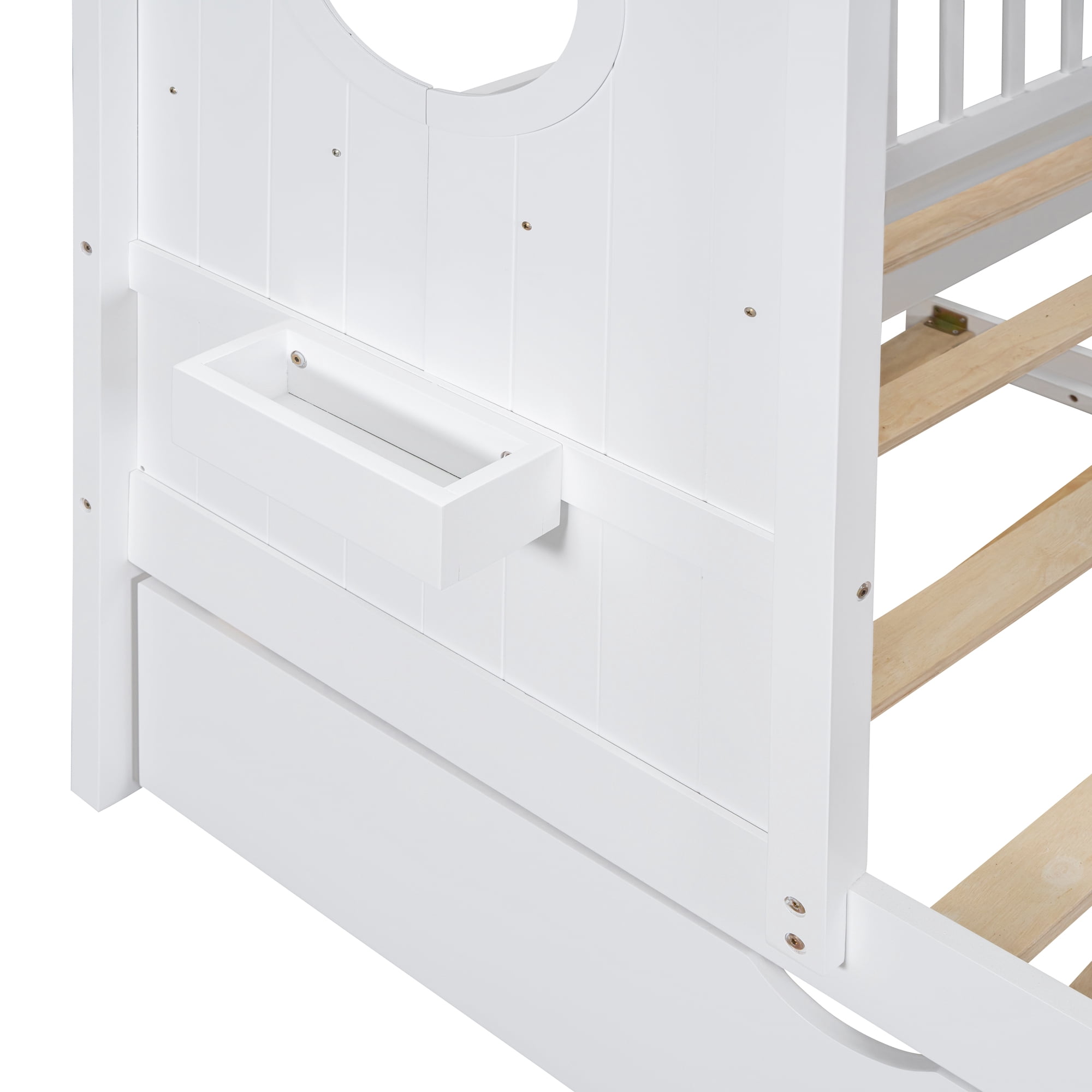 Kumix Platform Bed with Trundle, Wooden Twin Size Platform Bed Modern Design with Storage Shelf, House Roof and Window with Storage Box, No Box Spring Needed, Easy Assembly, White