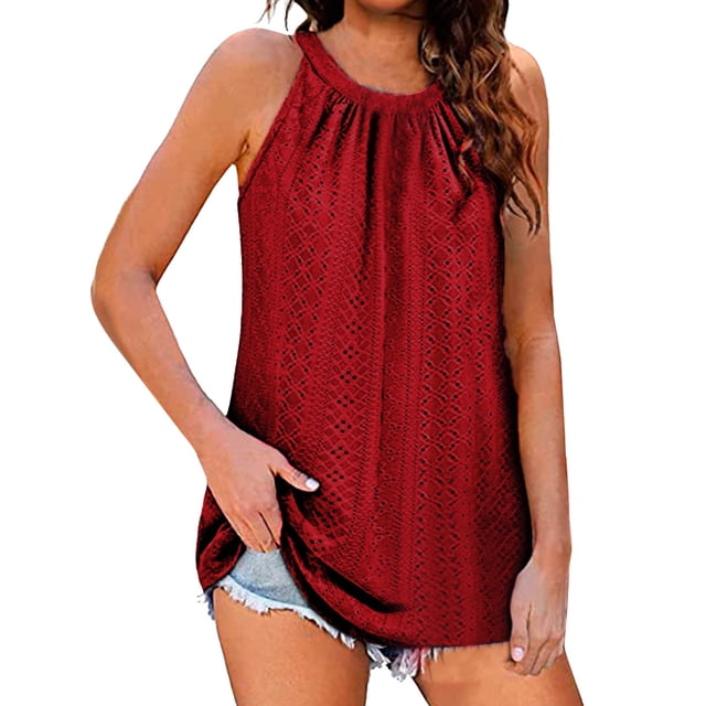 Playeras,Blusas y Tops,Ropa para Mujer Camisetas Sin Mangas Para Adolescentes Blusa de verano sin mangas con cuello para mujer, informal, plisada, sin mangas, con (Red, XL)