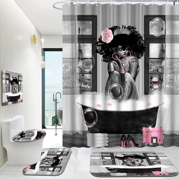 Hadint 4-piece Black African American Girl Shower Curtain Set, Paris Eiffel Tower Art Pattern Shower Curtain and Rug Set, 12 Pcs Hooks, 71inx71in