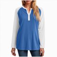 thumbnail image 4 of larppty Womens Long Sleeve Tops Color Block Button V Neck T Shirts Loose Fit Tunic Blouses (Blue, XL), 4 of 5