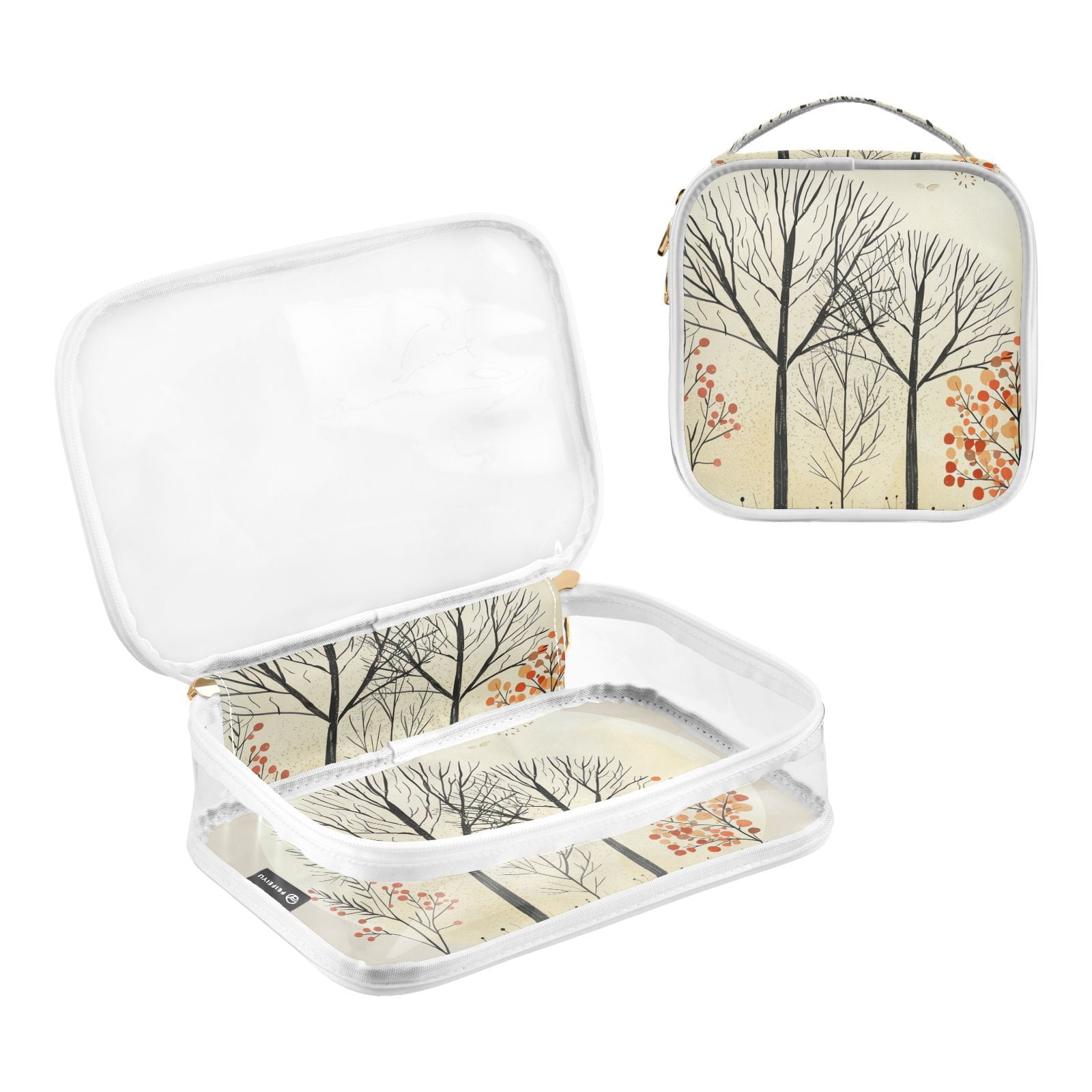 Clear Makeup Bags with Handle Large Opening 2 Pack Set Toiletry Bag Quart Size Bag, for Women Man Traveling Travel Essentials, Toiletries and Other. Hand Drawn Forest