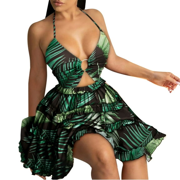 Women's Mini Dress Floral Cut Out Design Halter Dress Boho Style Bodycon for Summer Vacation Beach Party Going Out Dress