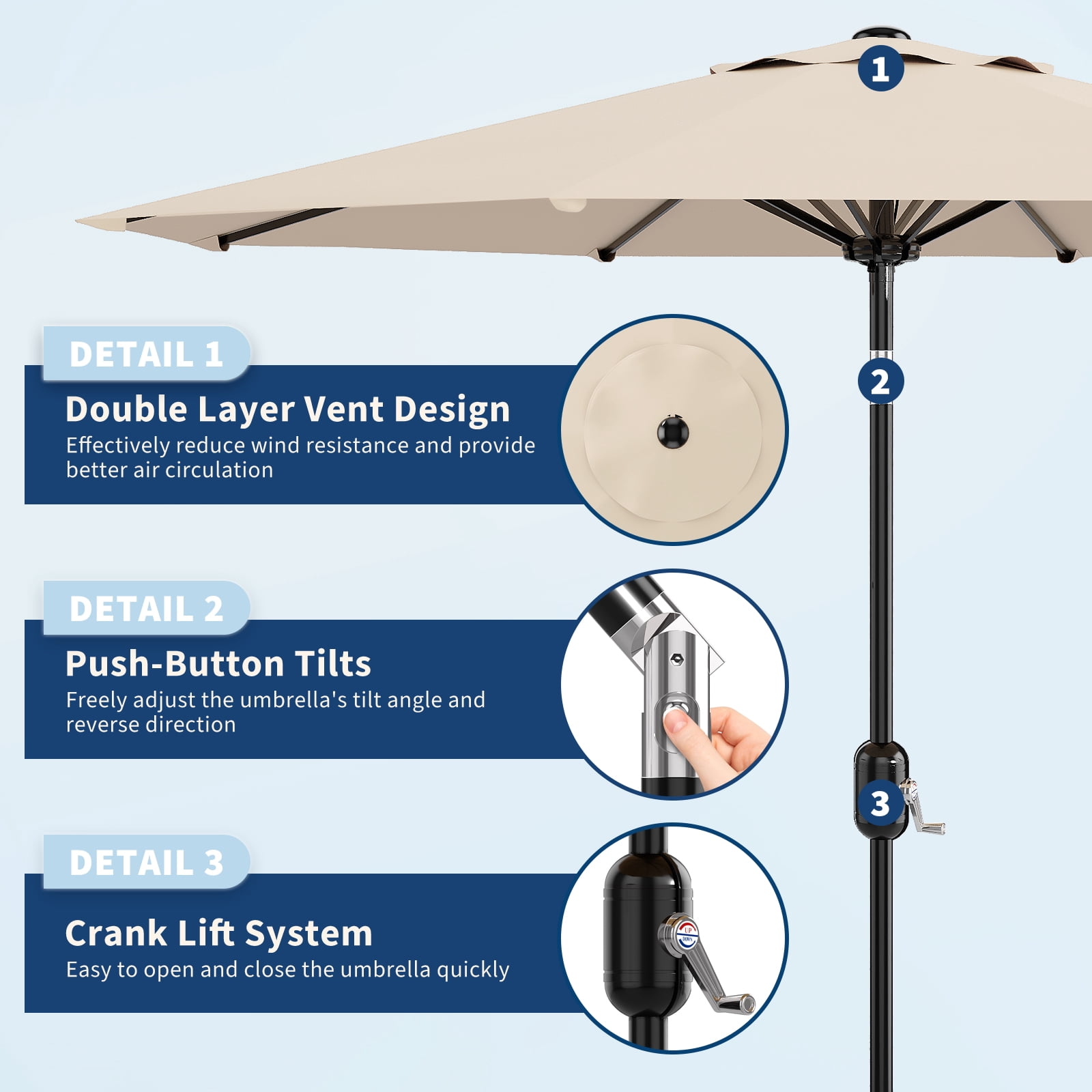 9FT Patio Umbrella Outdoor, Table Umbrella with Push Button Tilt and Crank, 8 Sturdy Ribs UV Protection Waterproof for Garden, Pool, Market, Deck