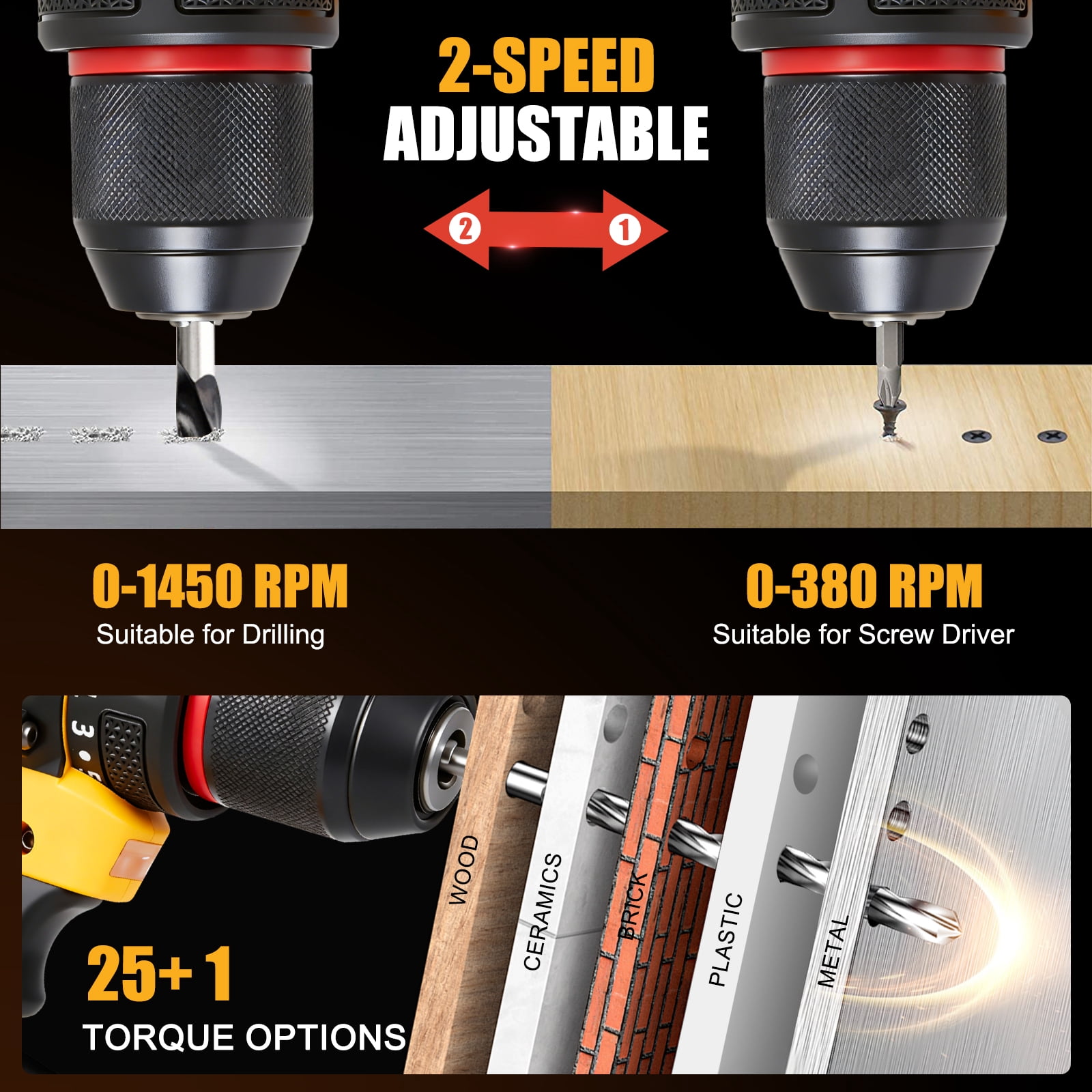 UNTIMATY Brushless Cordless Drill Driver Set, 21V Power Drill Set with Battery and Charger, 3/8" Keyless Chuck, 25+1 Position Electric Drill, 2-Speed Transmission For Screwdriving And Drilling