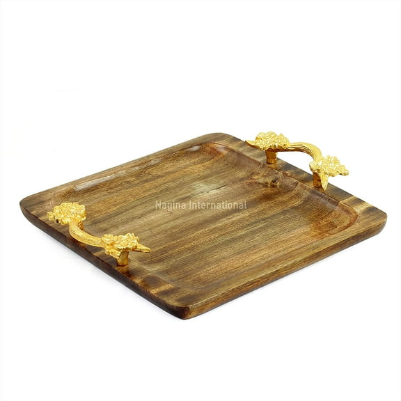 Nagina International Ornamental Decorative Premium Antique Rustic Wooden Crafted Serving Kitchen Tray With Brass Plated Decor Flower Handles | Exclusive Kitchen & Home Decor Gifts Collectibles