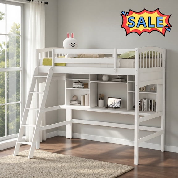 Tcbosik Loft Bed Twin Size with Shelves and Desk, Bed Frame with Ladder and Guardrail for Bedroom, Dorm, Wood Slats Support, White