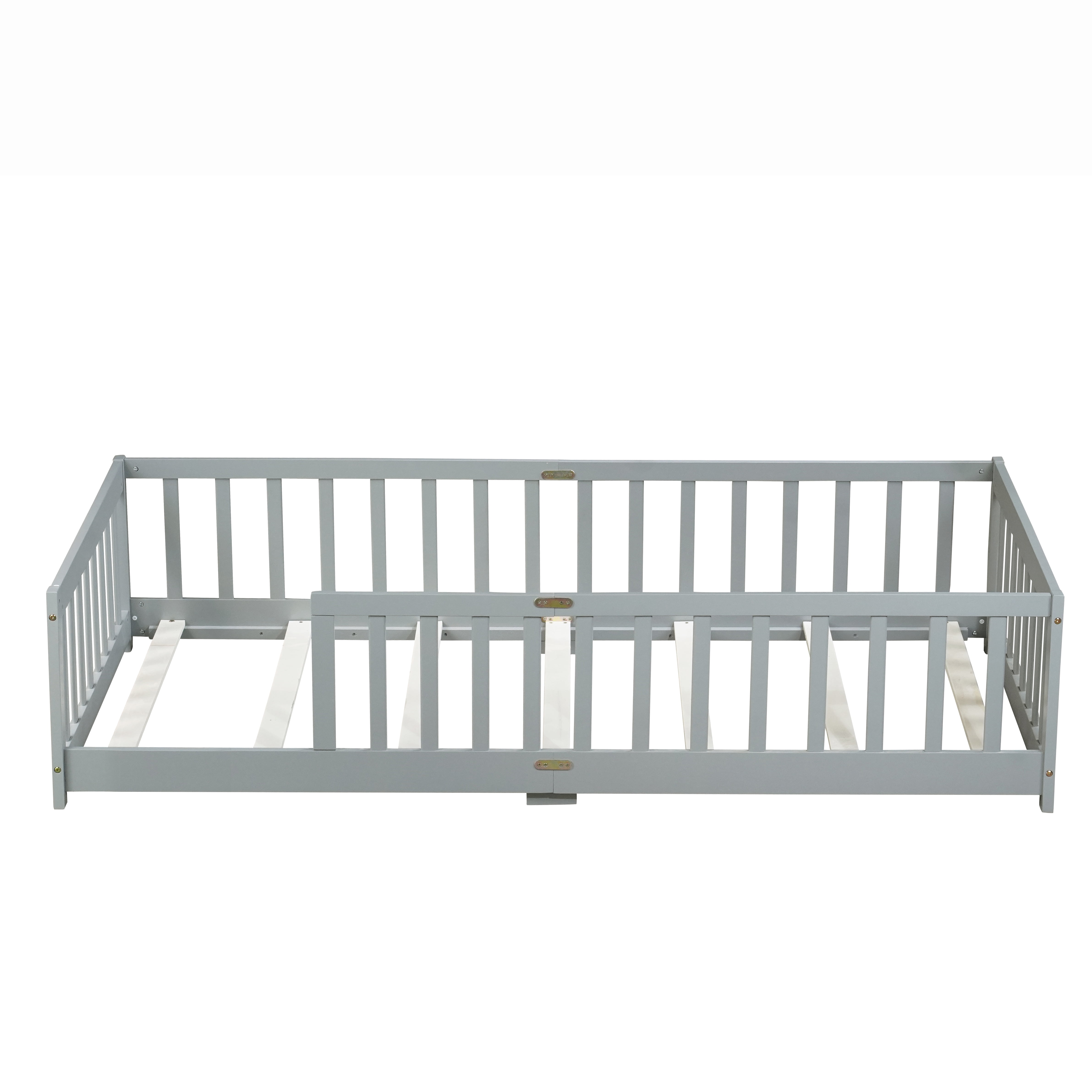 Miniyam Wooden Twin Size Floor Bed with Safety Fence for Kids, Gray