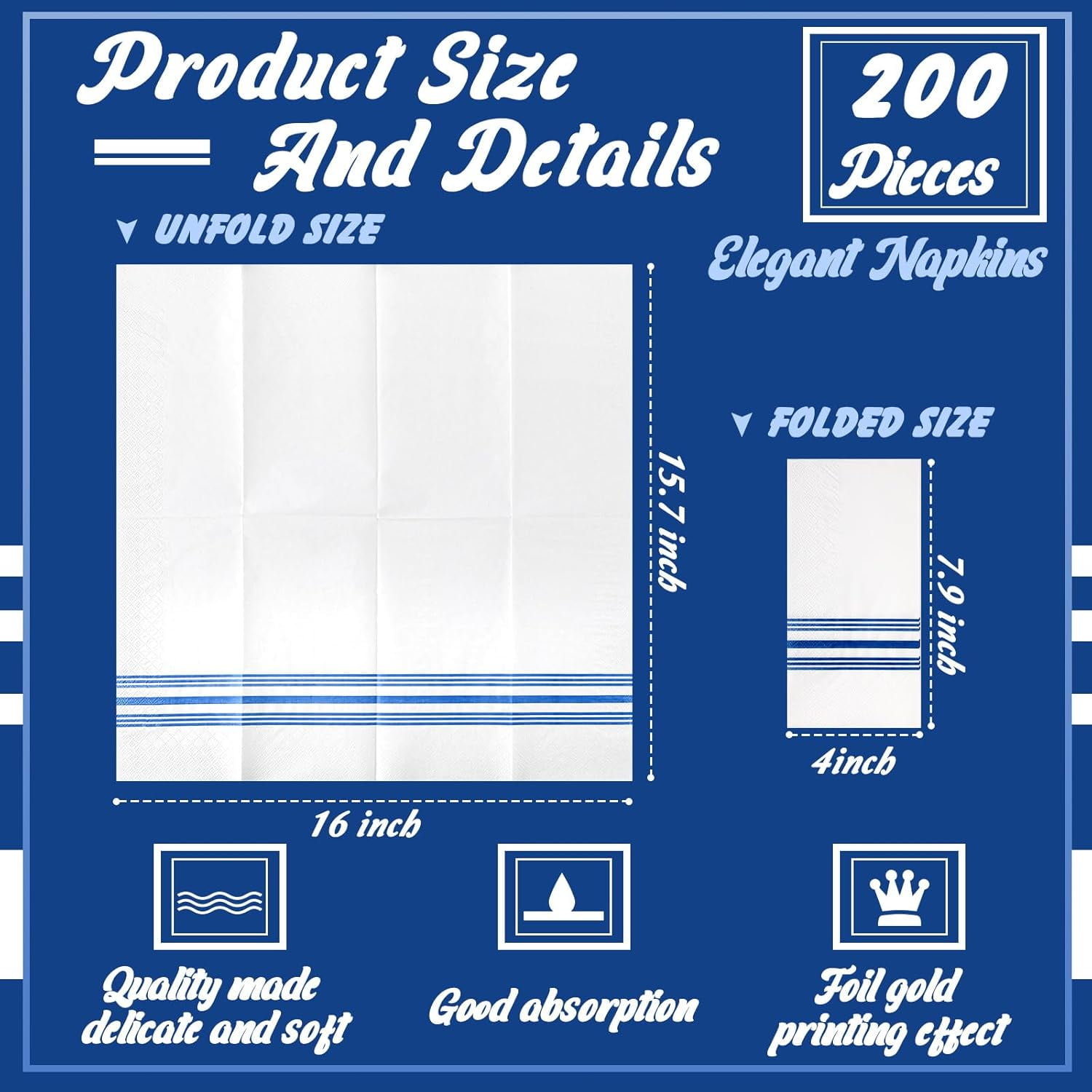 200 Pack Guest Napkins Disposable Paper Hand Towels Bathroom Decorative Napkins Linen Feel Soft Absorbent Bulk Dinner Paper Towels for Kitchen Event Wedding Christmas Party(Blue Stripe)