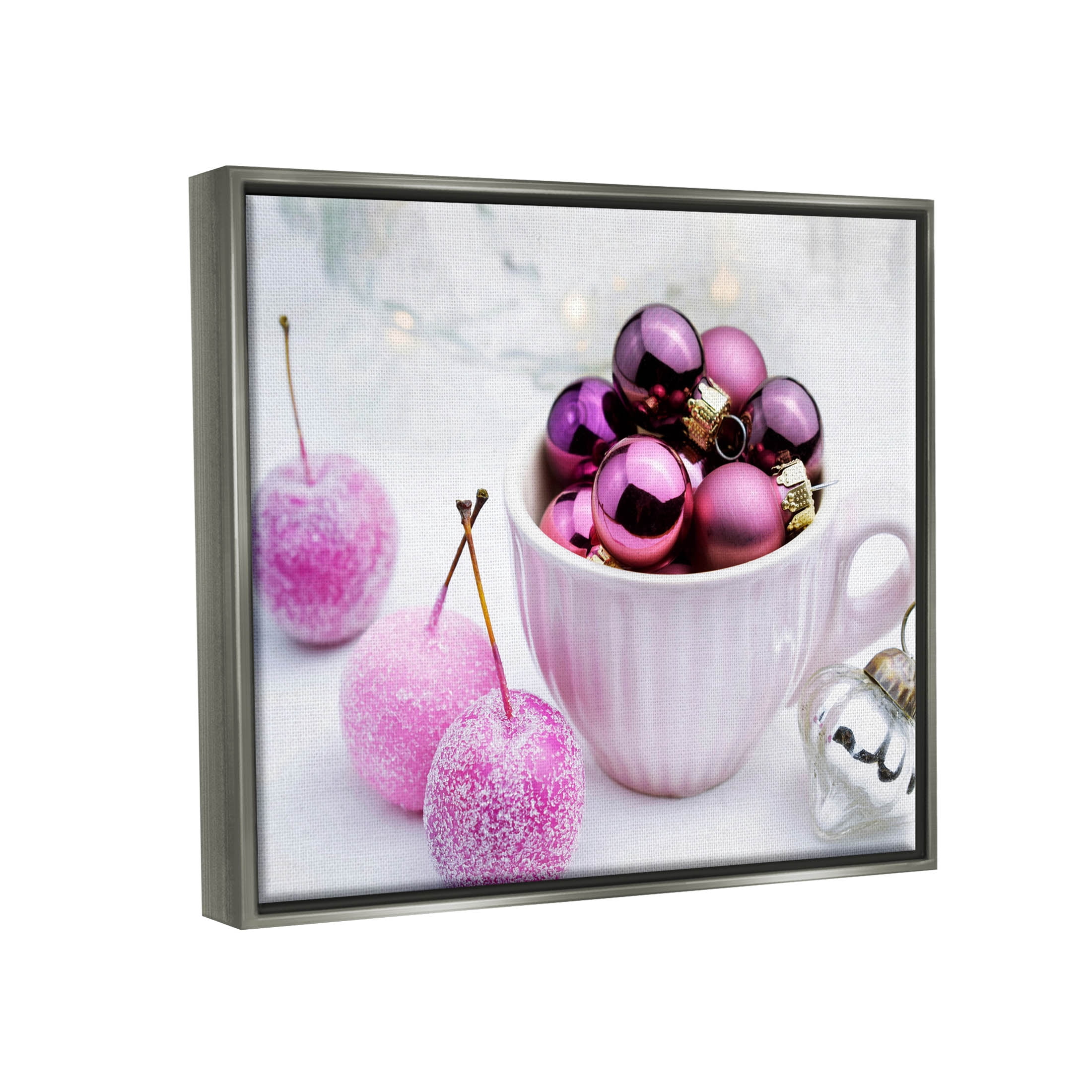 Glimmering Pink Christmas Ornaments Holiday Photograph Luster Gray Framed Art Print Wall Art